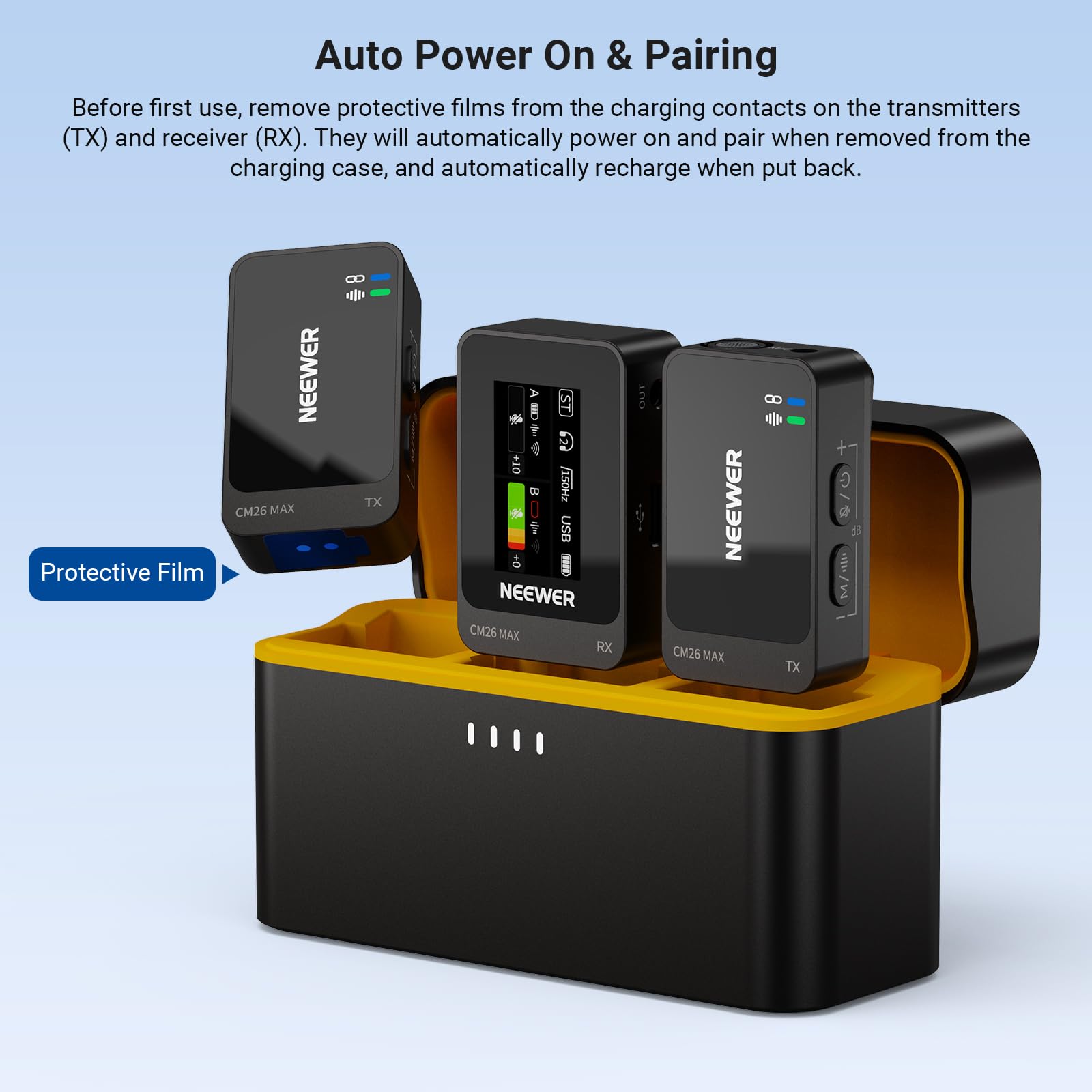 NEEWER CM26 MAX AI Micrófono Solapa Inalámbrico Compatible con iPhone 17 16 15 Android Cámara PC USB C Plug & Play App Control 2 Nivel Cancelación Ruido 50h Batería 120m Alcance Apple MFi Certificado