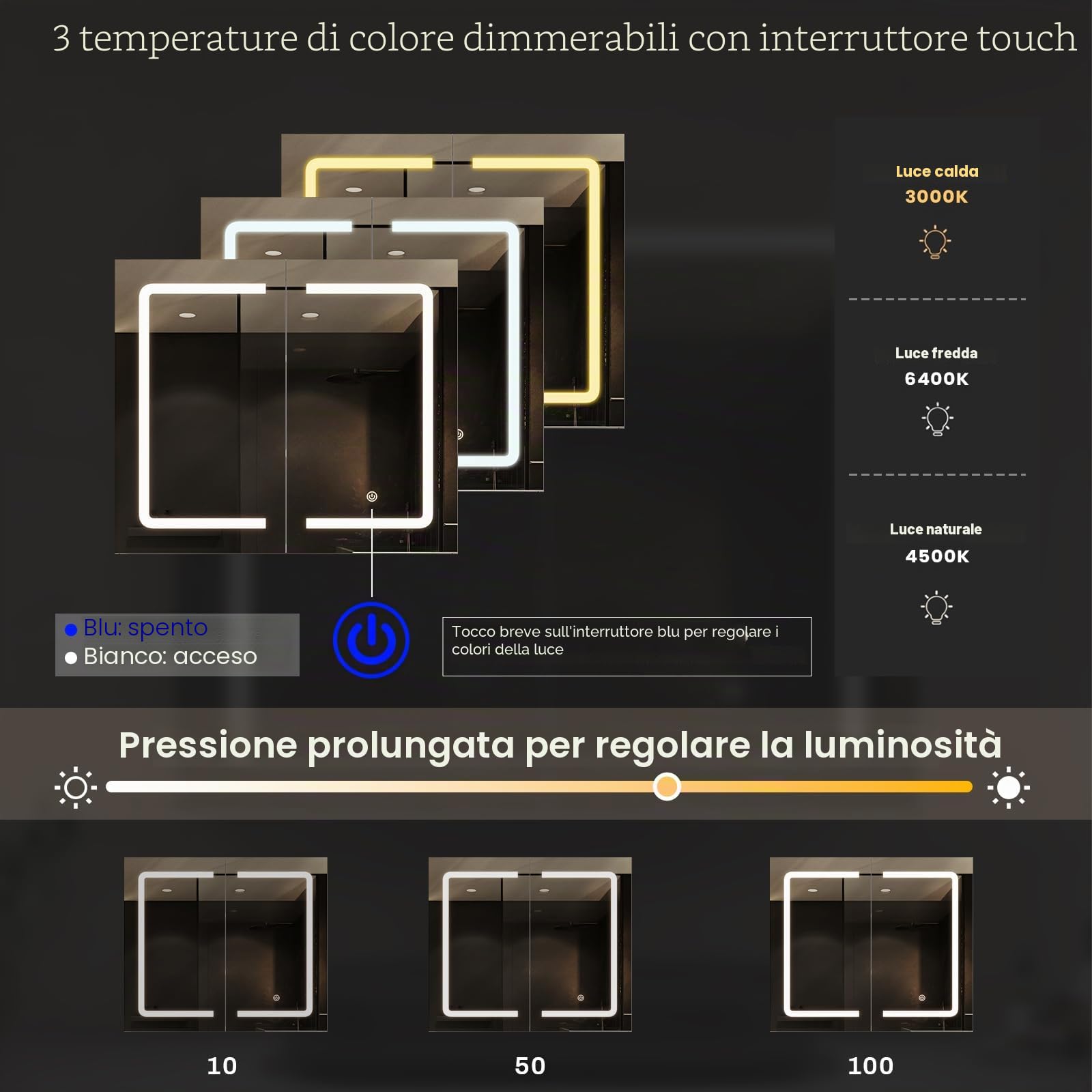 DICTAC Specchio Contenitore Bagno con Luce Led e Presa Elettrica 70x16x60cm Armadietto Specchio bagno Sospeso con Luce e 2 Ante,Mobile Bagno sospeso con specchio e Mensola Regolabile,Bianco