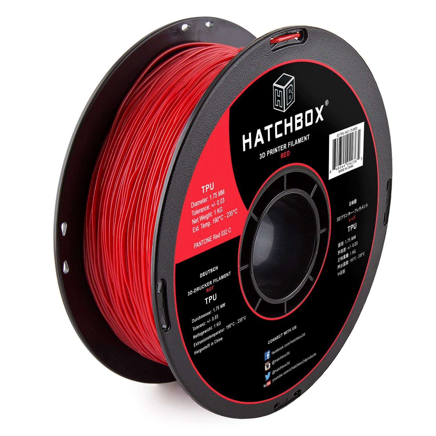 HATCHBOX 1.75mm Red TPU 3D Printer Filament Shore 95A, 1 KG Spool, Dimensional Accuracy +/- 0.03 mm, 3D Printing Filament