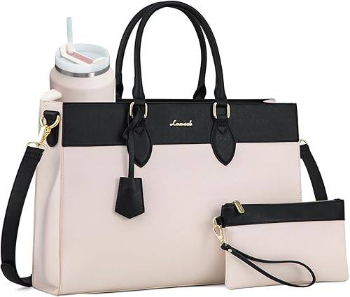 LOVEVOOK Bolsa para laptop para mujer, bolsa de trabajo para laptop de 15.6 pulgadas, maletín grande de cuero impermeable para oficina, beige y negro