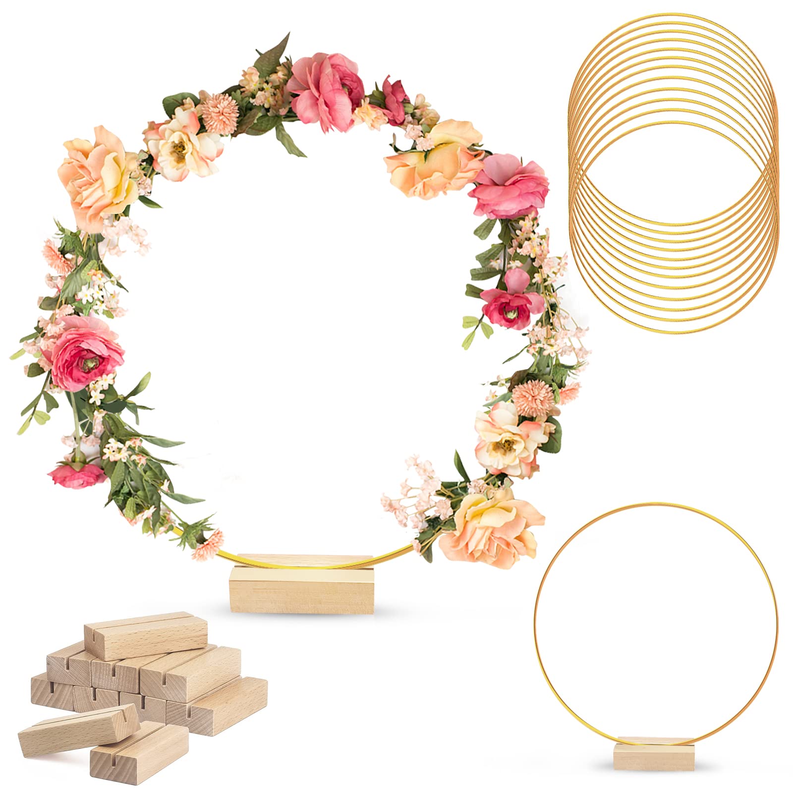 12 Pack 12 inch Large Metal Floral Hoops, FOVERN1 Metal Floral Hoop Centerpiece with Wood Place Card Holders, Gold Wreath Macrame Hoop Rings for Craft Wedding Table Decor Christmas Decoration (Gold)
