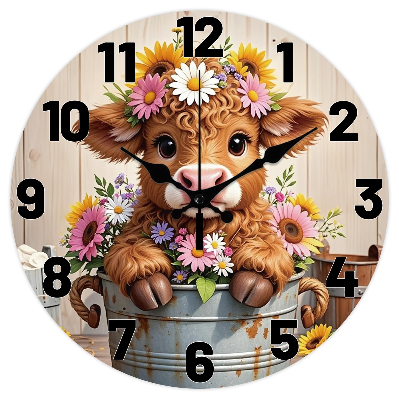 CHGCRAFT Cute Style Wall Clock 12 Inch Highland Cattle Clock Flowers Round Decorative Clocks for Bedroom Living Room Kitchen Office