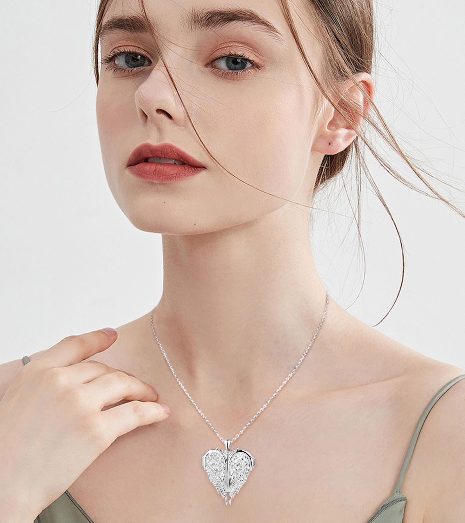 Collana Donna Portafoto Ali in Argento 925, Ciondolo a Cuore e Ali d'Angelo per Foto Immagine, Gioiello Personalizzata per Mamma Fidanzata Moglie
