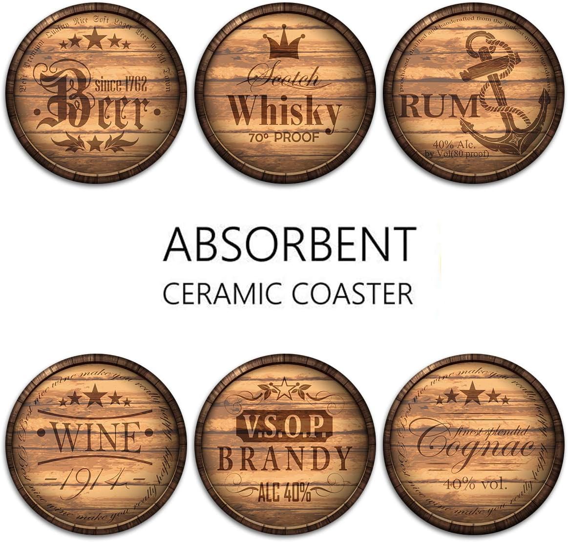 Britimes Set of 6 Coaster for Drinks Absorbent with Cork Base, Metal Holder, Wooden Texture Round Stone Drink Mat for Coffee Wood Table, Gift for Birthday, Farmhouse Housewarming Room Bar Decor - Image 6
