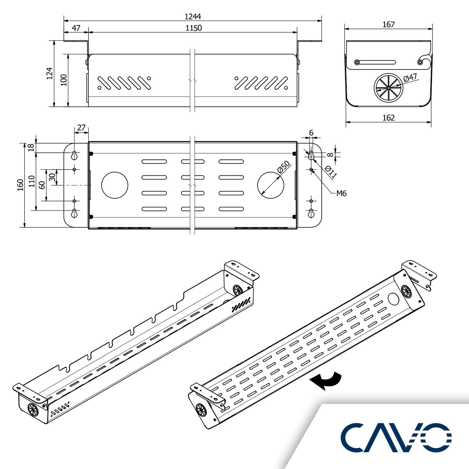 Canaleta para Cables CAVO 1244 x 167 x 124 mm, Horizontal, Negro Mate, abatible