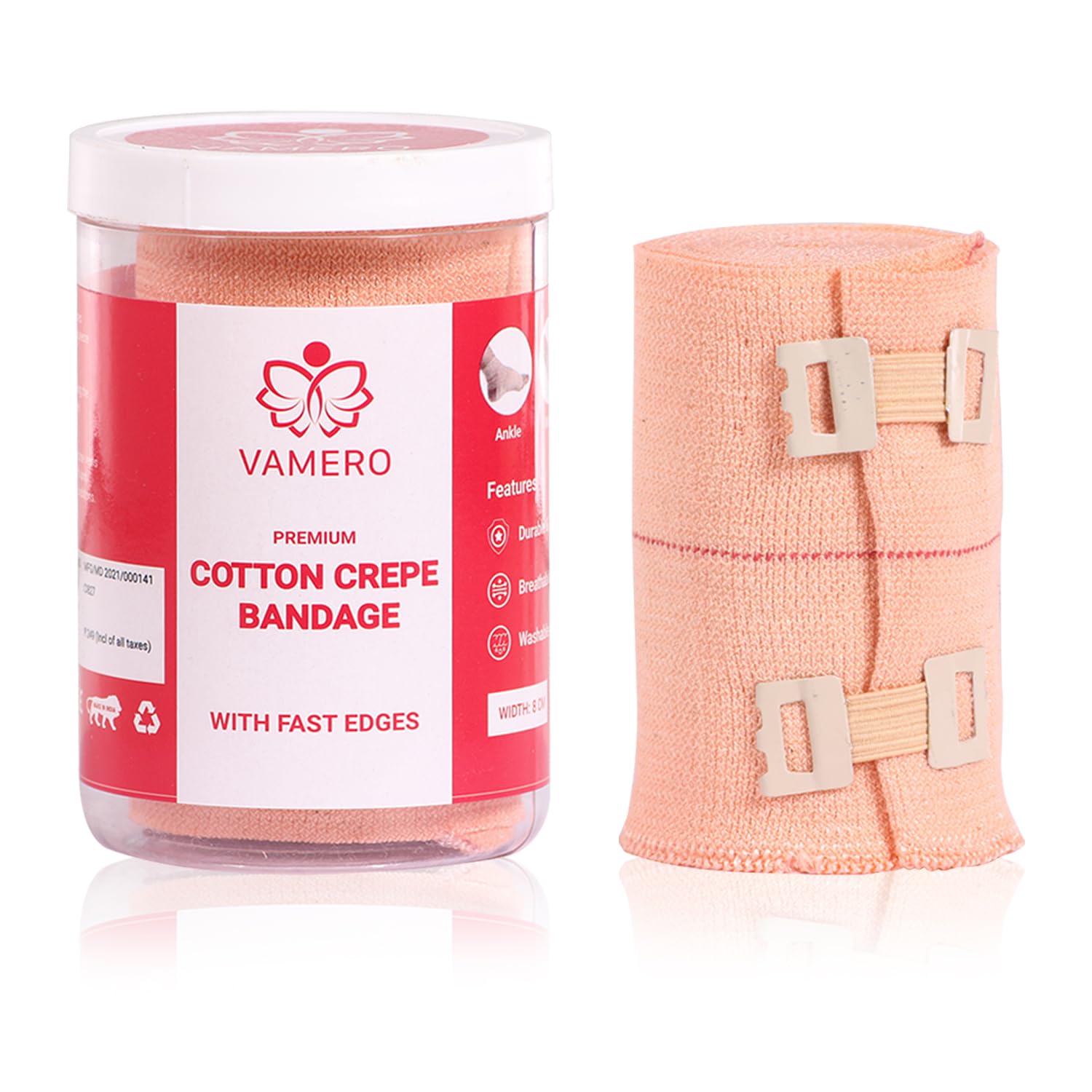 VAMERO Soft Cotton Crepe Bandage for Pain Relief, Wound, Garam Patti for Hand, Leg, Wrist, Knee, Ankle, Support. for Injury & Muscle Compression, Firm Support To The Affected Area 6cm X 4mt, Pack of 1