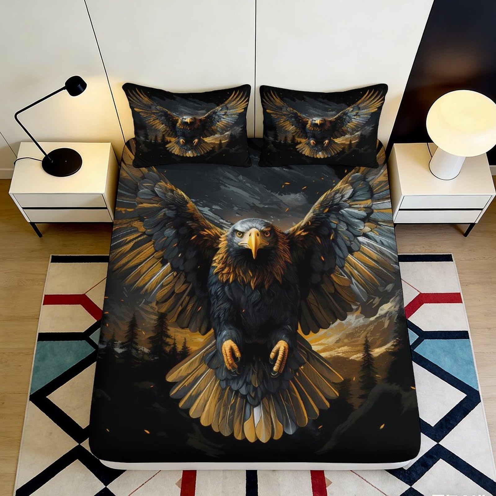 Pnayamiorkfel Style-1 3D Printed Majestic Eagle Fitted Sheet Microfiber Soft Breathable Forest Wings Mattress Cover For Bedroom Decor 90X200x25cm