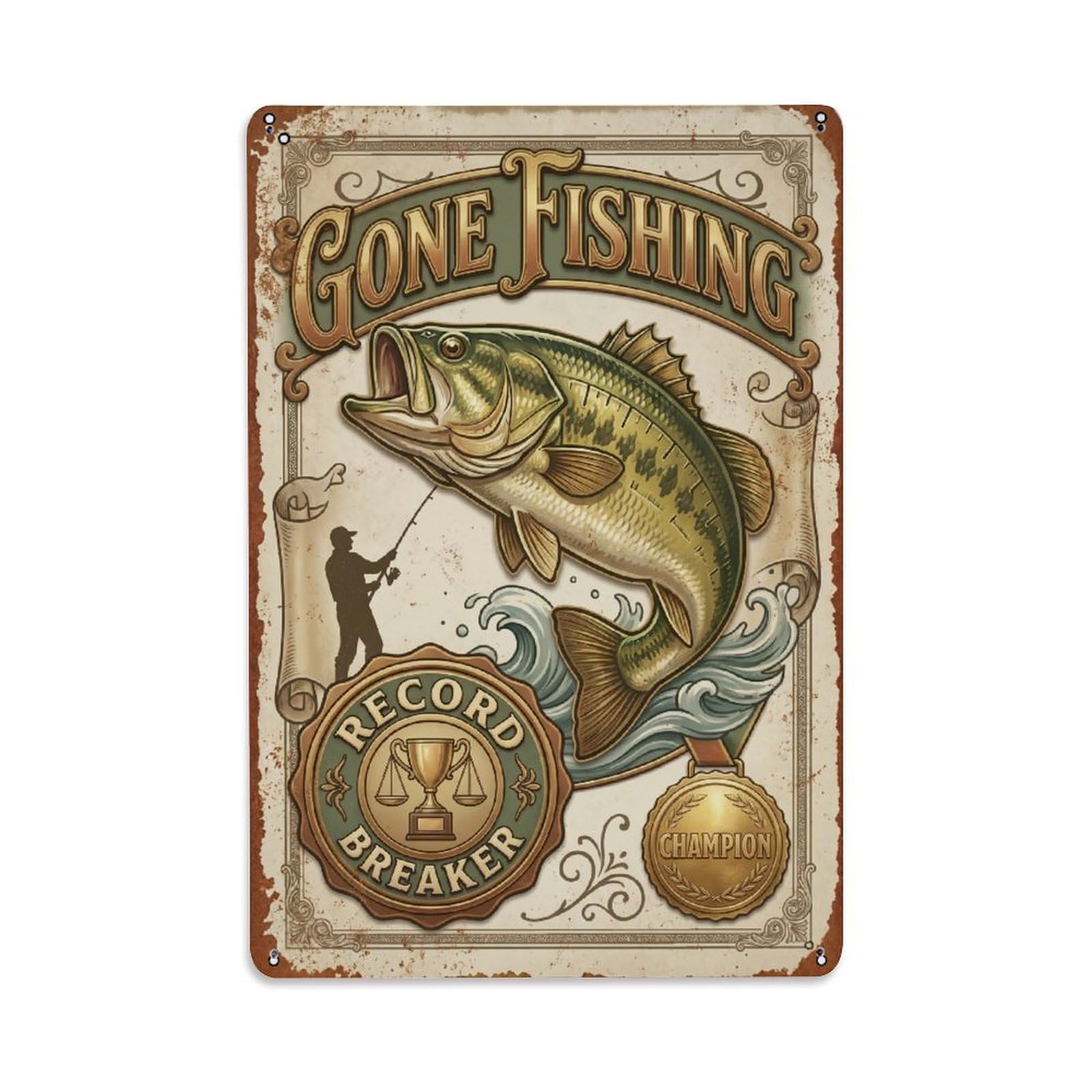 Gone Fishing Trophy Bass Vintage Metal Tin Sign Plaque Wall Decor for Cafe, Club, Garden Metal Poster 8x12Inch
