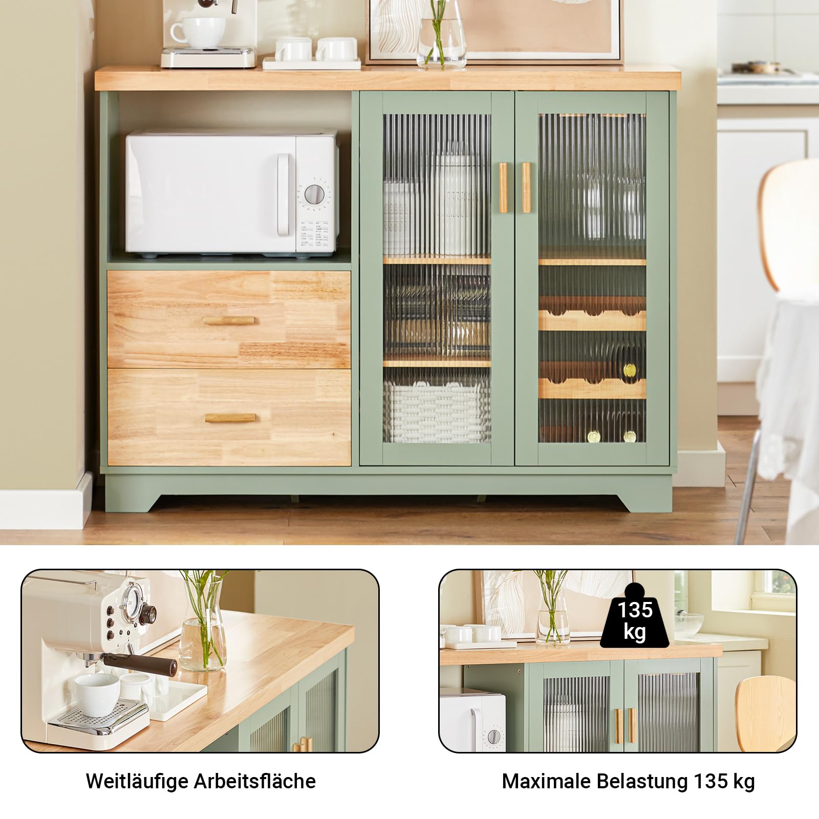 SoBuy Küchenschrank Buffet Kommode mit Glastüren & Schubladen Sideboard mit 120 cm Arbeitsplatte, Mikrowellenfach & Weinregal Küchenmöbel für Wohnzimmer & Esszimmer Grün 120x90x40cm FSB81-GR