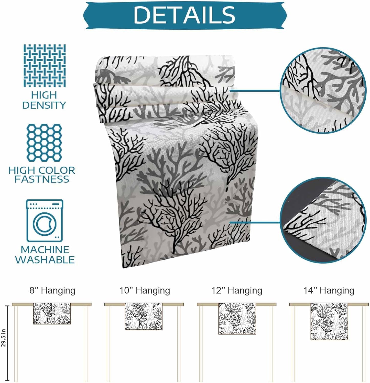 Black Gray Coral Coastal Cotton Linen Rectangle Table Runners 13"x120", Summer Beach Seaside Nautical Coffee Table Runner Dresser Scarves Luxury Table Runners for Wedding Party Banquet Dinner Decor