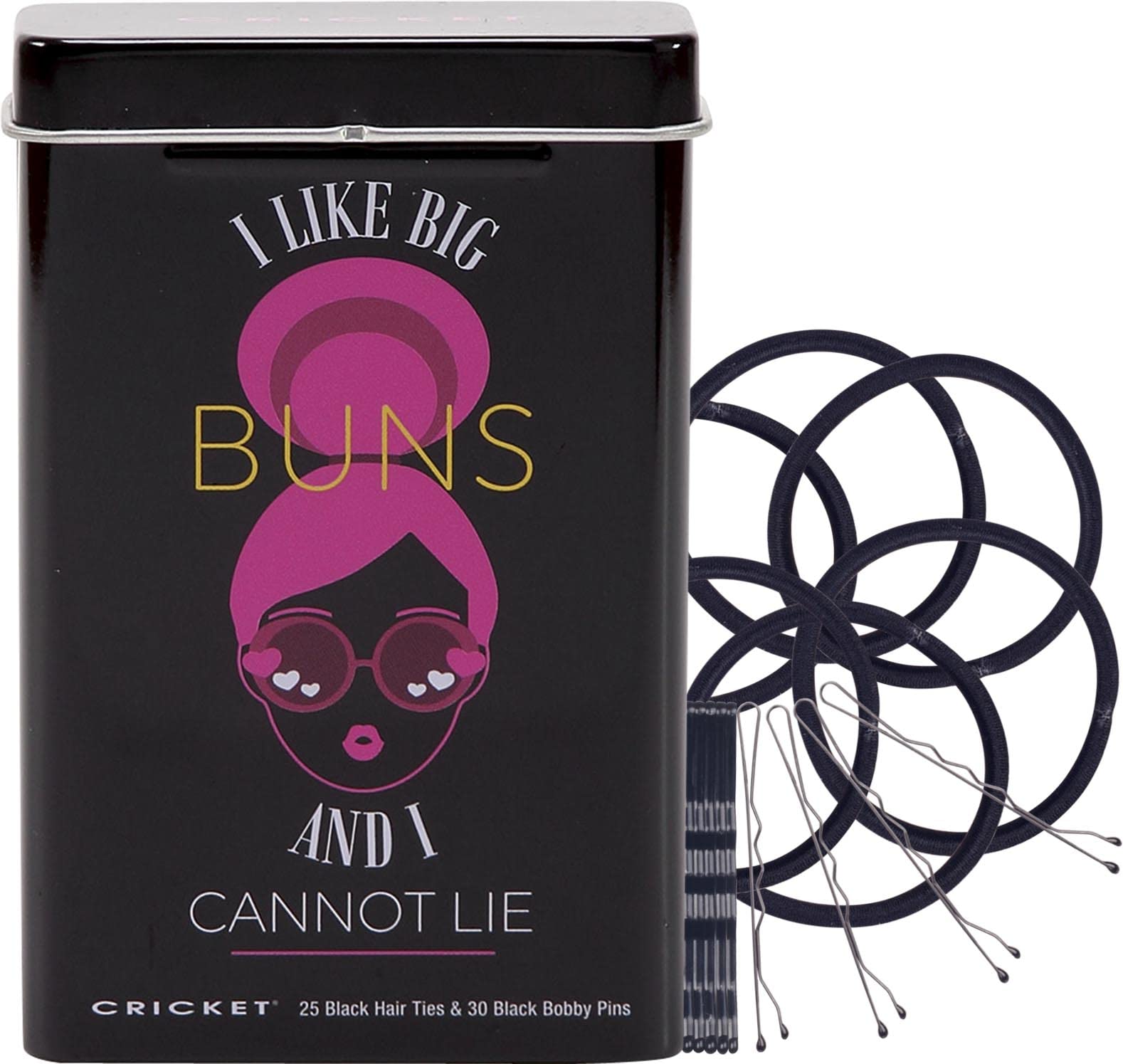 Cricket Hair Accessory Set, I Like Big Buns and I Cannot Lie, 55 PC - Includes 25 Non Metal Hair Ties and 30 Bobby Pins in Reusable Metal Tin, Black