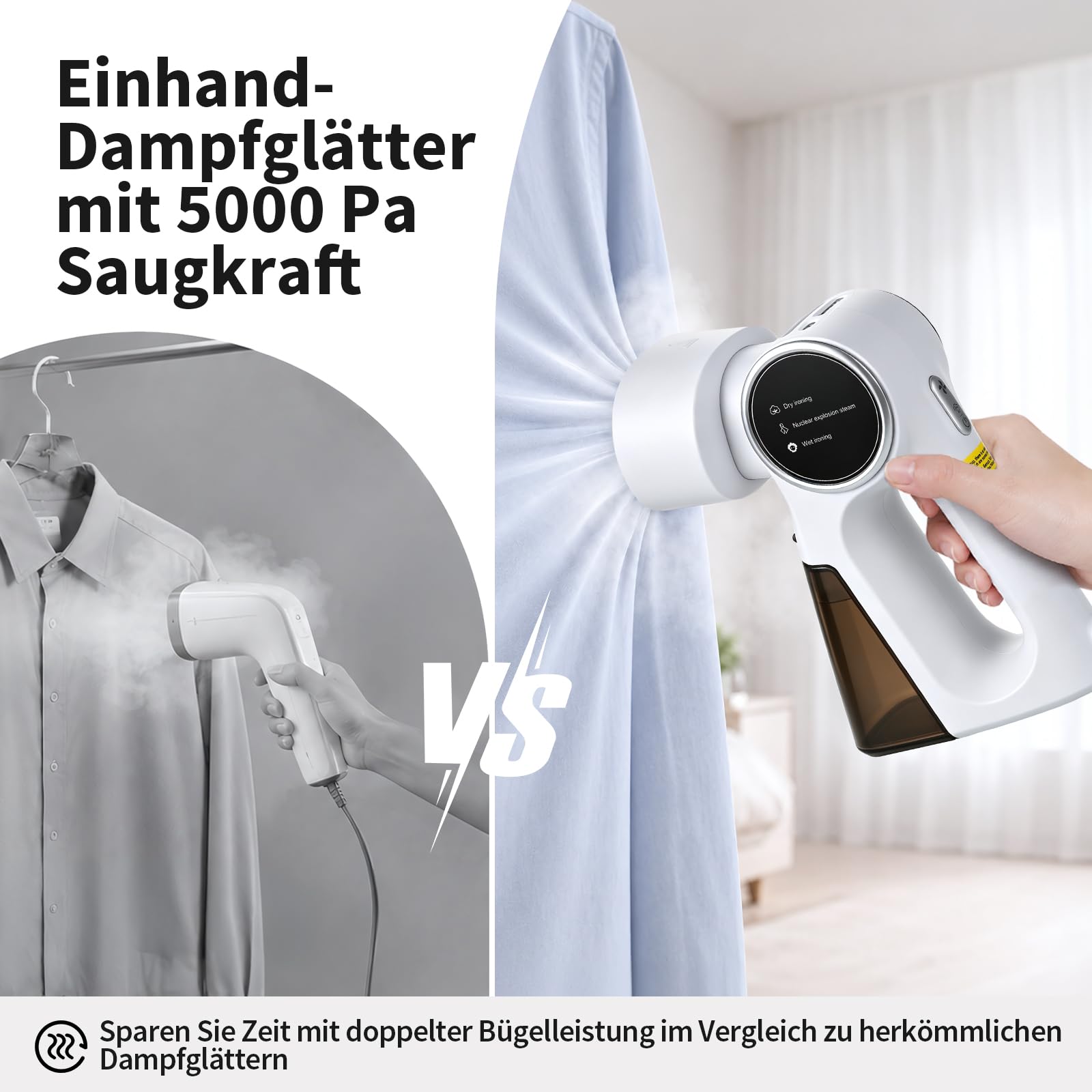 Steamer Dampfglätter mit Saugfunktion, 5000Pa Saugleistung 2-in-1 Dampfgarer & Bügeleisen Dampfbügeleisen 260ml Wassertank 3 Modi & 360°-Auslaufschutztechnologie zur Faltenentfernung
