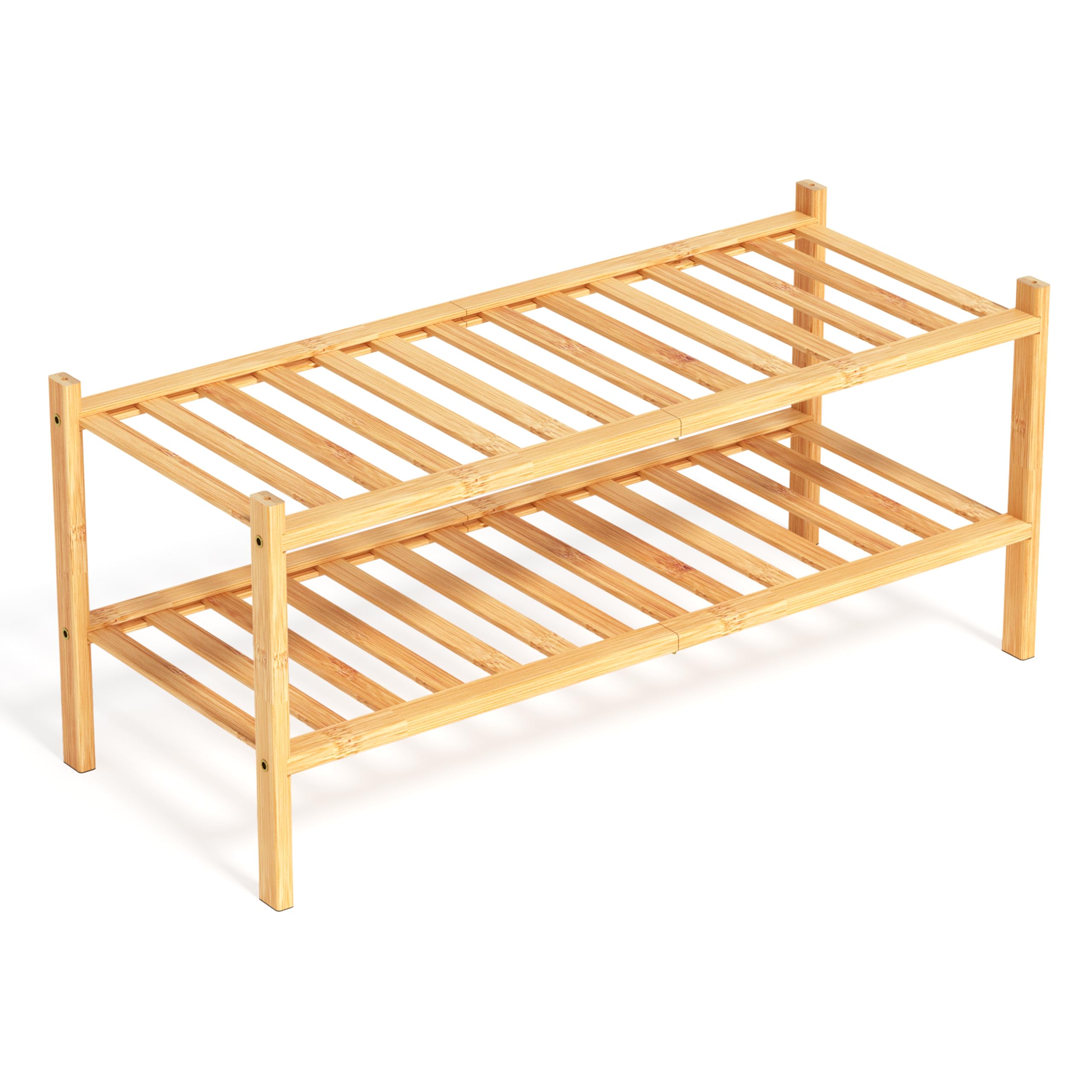 Bamboo Wooden Shoe Rack 2 Tiers – Small Slim Shoe Storage Organiser Hallway Cabinet Stand 68x28x32 cm – Shoe Shelf for Narrow Space Stackable Expandable (Bamboo)