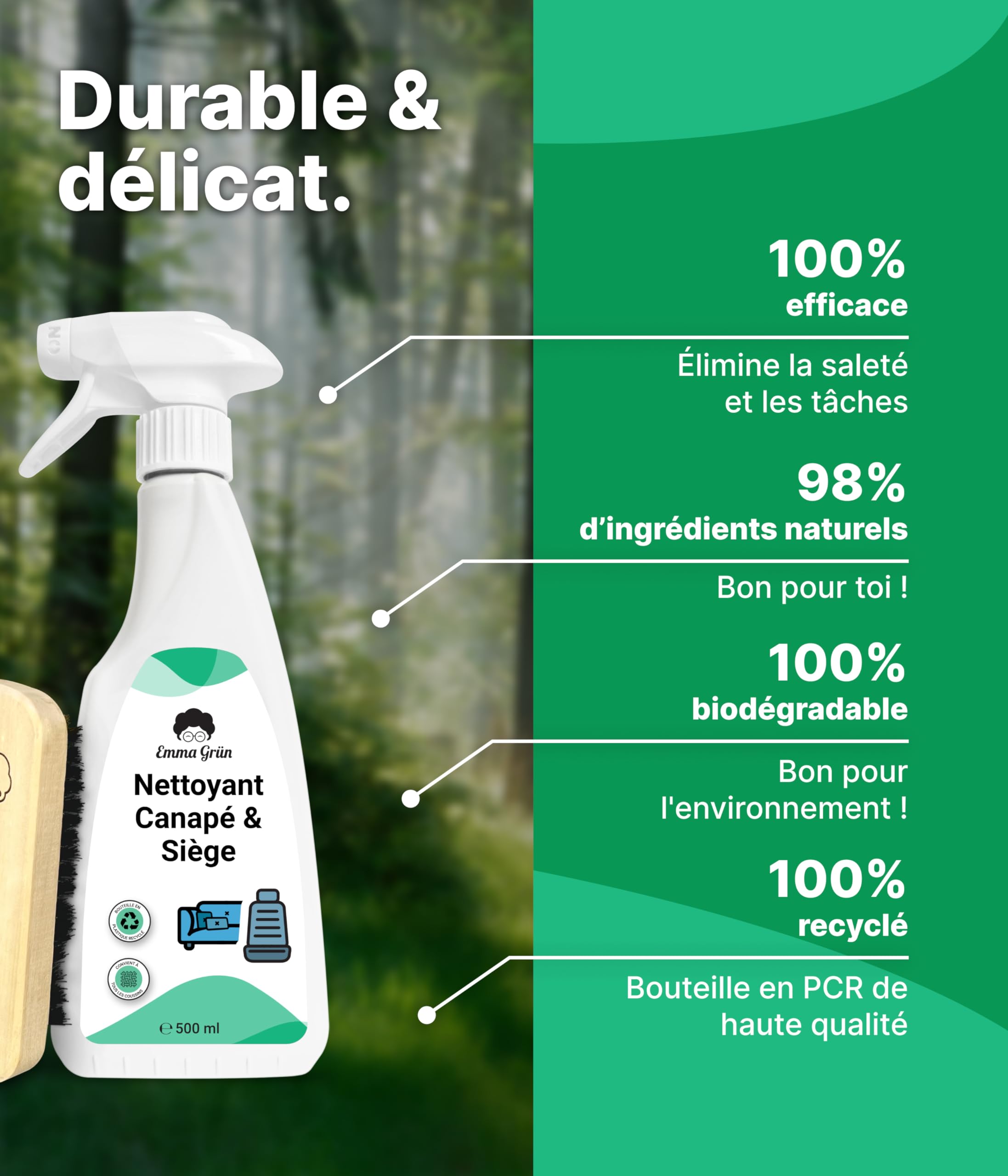Nettoyant Premium pour Canapés & Sièges Auto, Nettoyant Durable pour Canapés 500ml, Nettoyant pour Canapés & Meubles Rembourrés avec Brosse, Emma Grün Détachant Canapé d'Allemagne