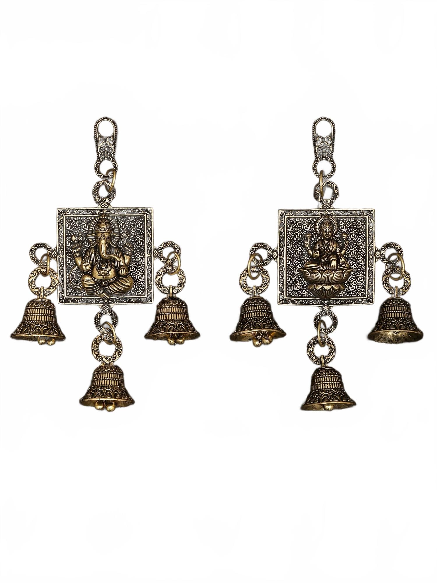Exotic India 6" Superfine Pair of Ganesha Lakshmi Bells Wall Hanging for Puja Temple Room, Home Décor, Mandir, Wall Décor Gifting