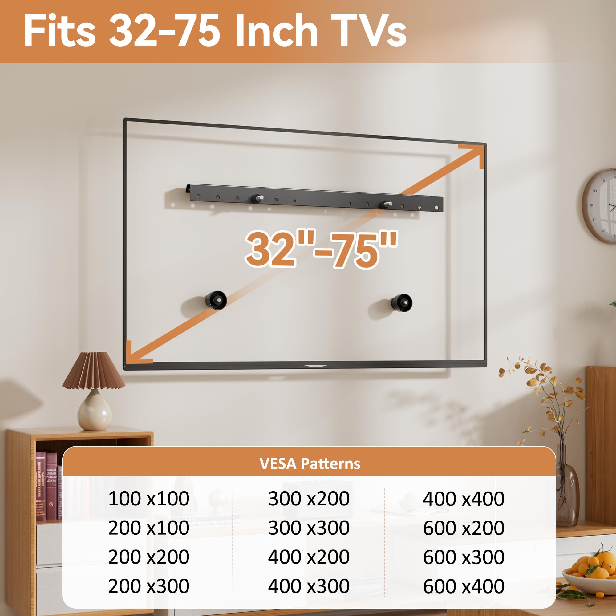 Staffa da parete per TV da 32-75 pollici, staffa universale per TV senza borchie, VESA max 600 x 400 mm fino a 68 kg, basso profilo, inclinazione di 5°, adatta alla maggior parte dei