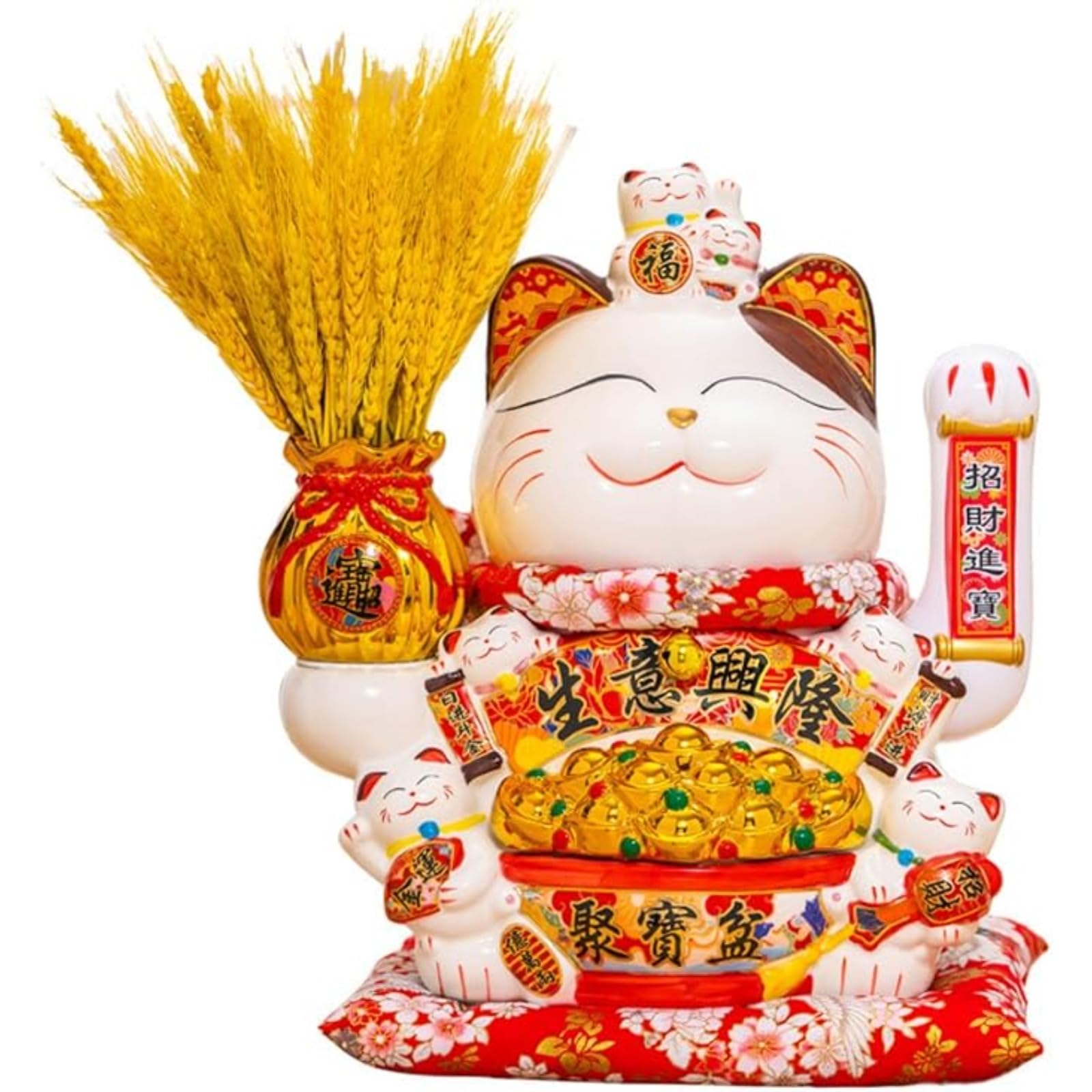 Estatua de gato de la suerte de 10 ", figuras chinas de gato de la suerte, hucha Maneki Neko, dinero de cerámica, gato de la fortuna, decoraciones de regalo para la apertura de la empresa (X-grande)