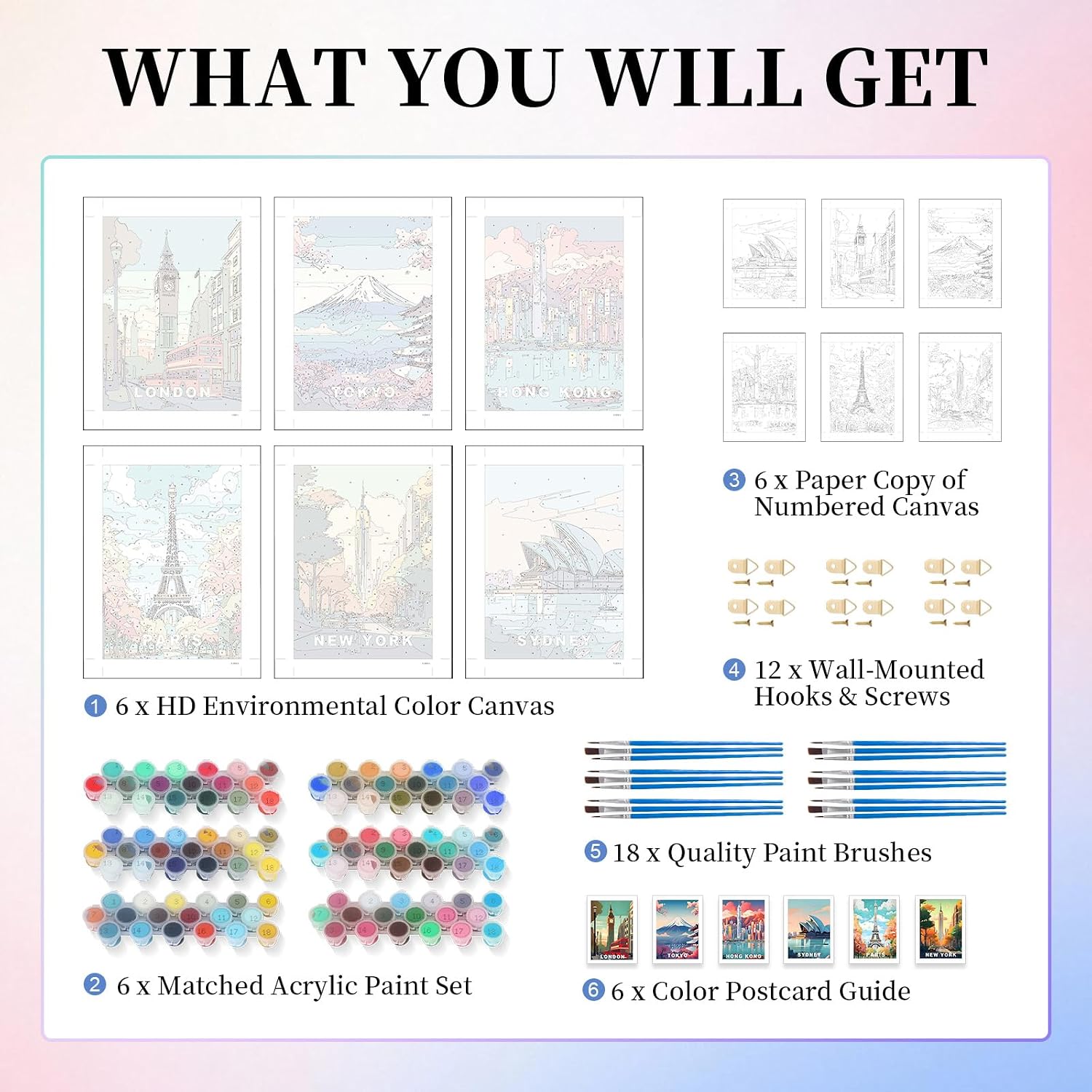 6 Pack Paint by Numbers Kit for Adults, Cityscape Canvas Painting Set image 4