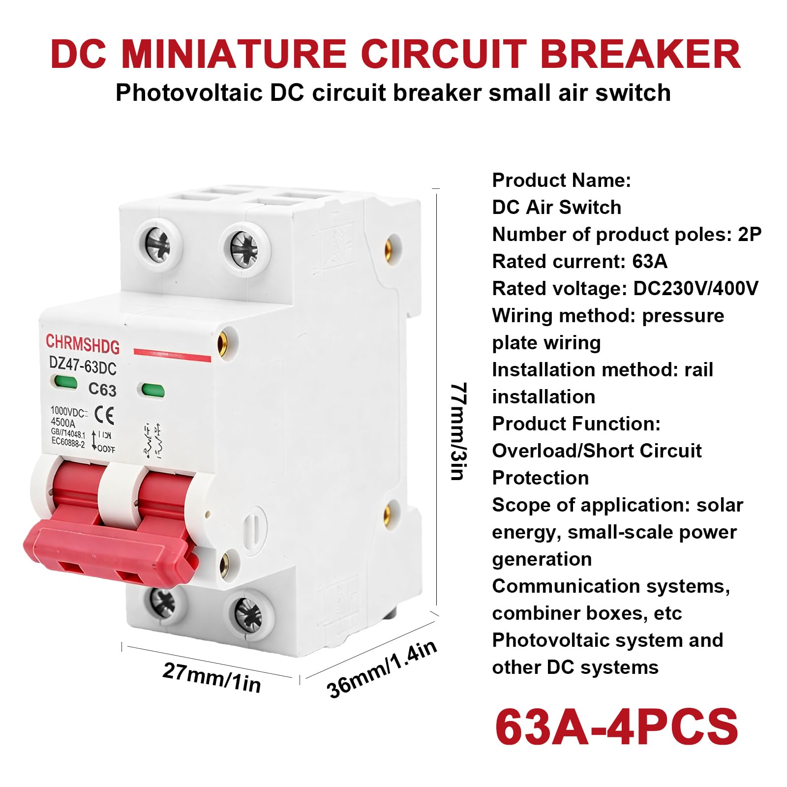 4 interruttori automatici di sicurezza PV, DC 63 A, 1000 V DZ47-63Z-2P DC, interruttore di separazione DC, protezione del circuito, interruttore a corrente residua, mini interruttore