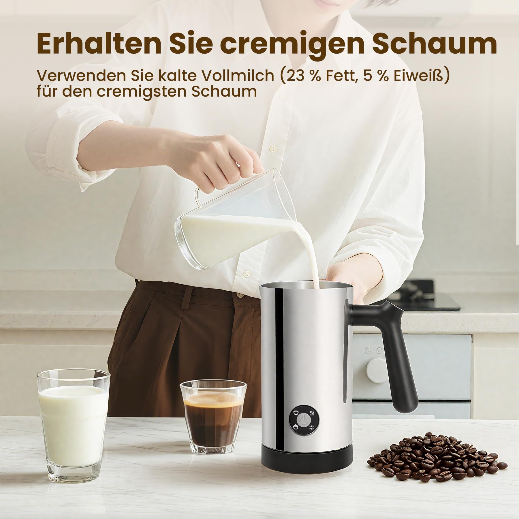 4 in 1 Milchaufschäumer Elektrisch, Automatische Heiß und Kaltaufschäumer mit Tastensteuerung, Milchwärmer aus Edelstahl, Elektrischer Milchaufschäumer für Kaffee Latte, Cappuccino