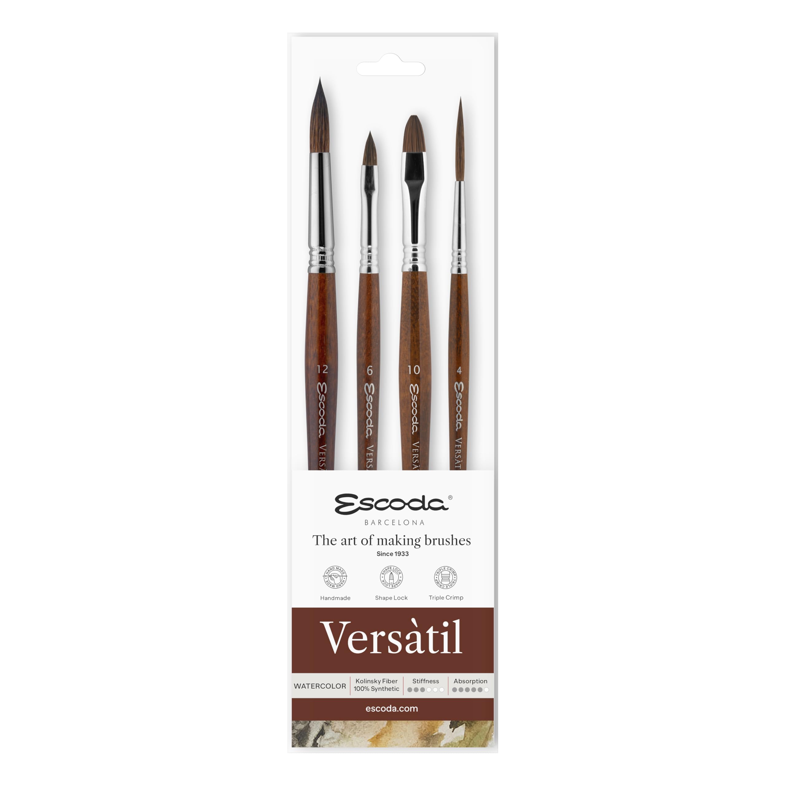 Escoda | Acuarela | Versàtil Series Set para Acuarela | Tamaño 4,6,10,12 | 3 pinceles | Sintético imitación Kolinsky sintético | Punta redonda + Filbert + Bright + Rigger