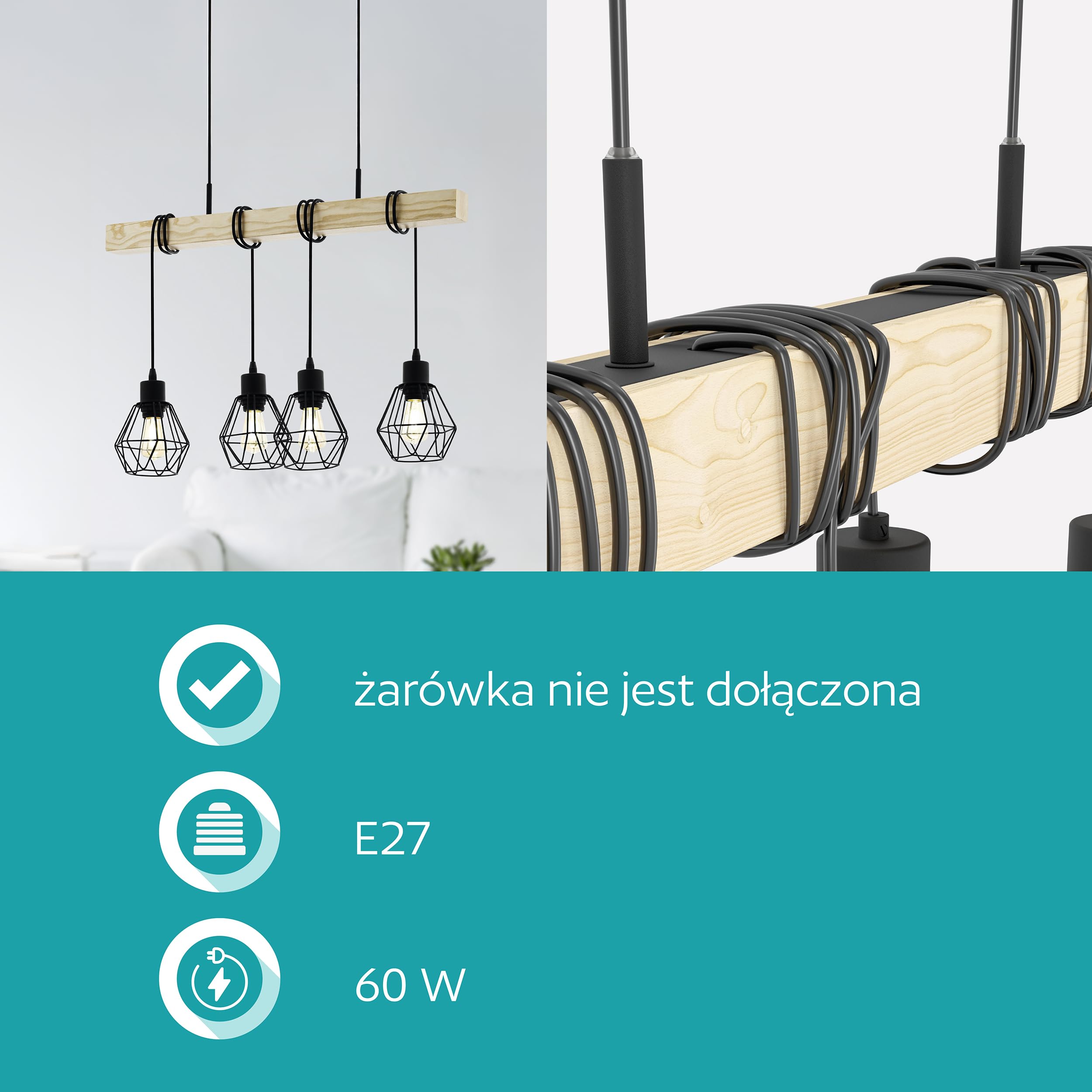 EGLO Lampa Wisząca Townshend 5 - 4-Światłowa Vintage w Stylu Industrialnym, Retro Wykonana ze Stali i Drewna, Czarna, Brązowa, Certyfikat FSC, E27