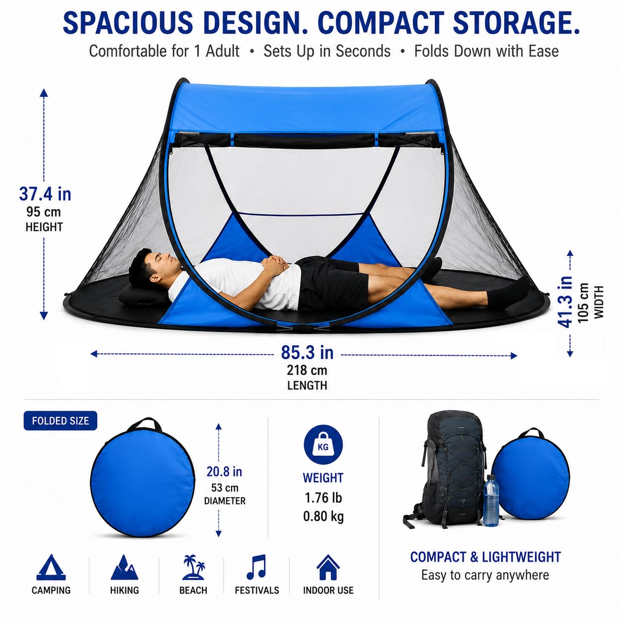 Tenda Pop-Up Zanzariera da Campeggio, 1 Persona - Istantanea, 3 Pieghe | Zanzariera Leggera, Pavimento Impermeabile, Riparo Antizanzare, Viaggio