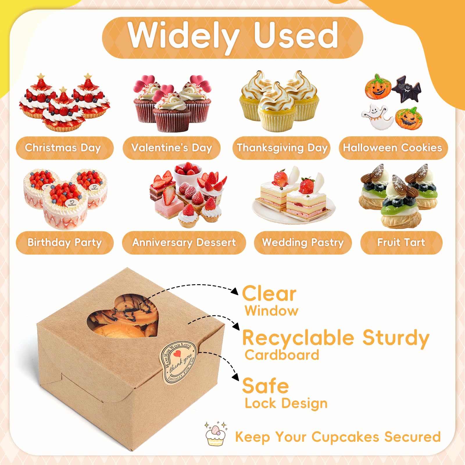 TAIXING 20 Pcs Individual Cupcake Boxes, 4 Inch Brown/White Small Cake Boxes with Heart Shape Clear Window - Image 4