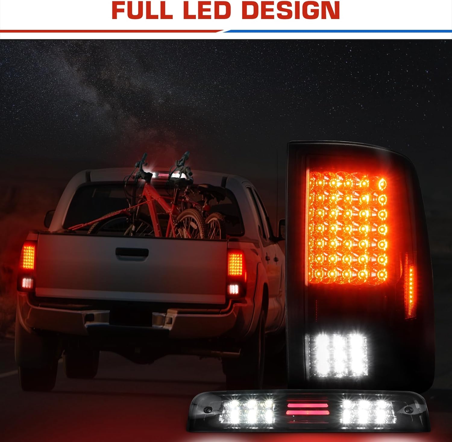 (3 Pack) Rear LED Taillight + 3rd Brake Cargo Lamp for 2009-2018 Dodge Ram 1500, 2010-2018 Ram 2500 3500 Chrome Smoke Lens, Only Fit factory Halogen/incandescent and Without Projector Headlights Model