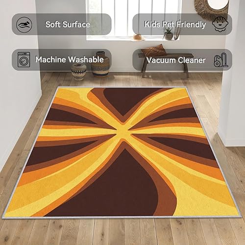 Miniatura 7 de Alfombra geométrica naranja, amarillo y marrón, lavable, estilo retro de los años 70, 2 x 3, alfombra pequeña vintage bohemia, entrada, dormitorio,