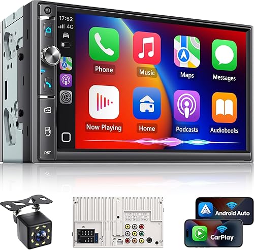 Estéreo de auto doble DIN con pantalla táctil HD de 7 pulgadas, Apple Carplay inalámbrico y Android Auto, Bluetooth, 240W, SWC, salida de subwoofer,