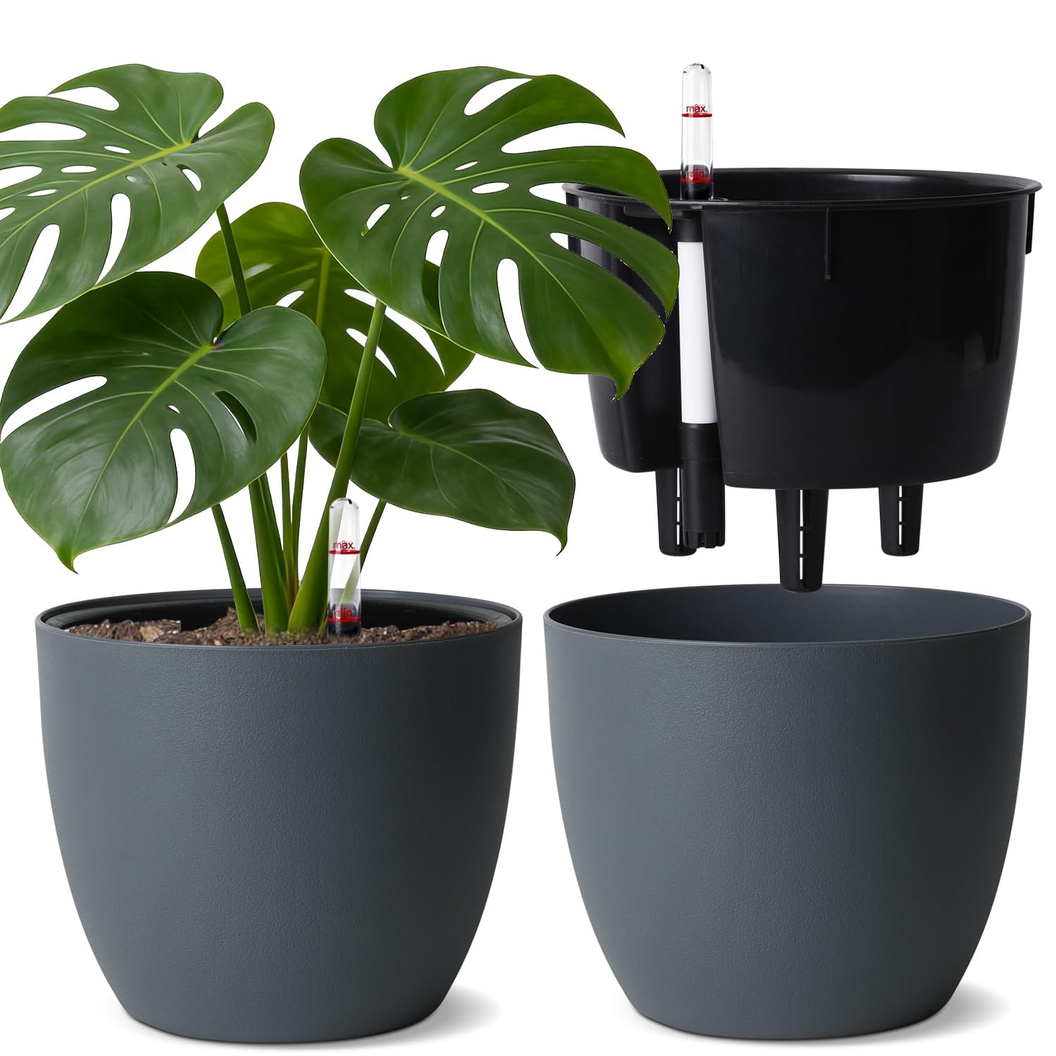 T4U 2Pcs 20cm Selbstbewässerungstopf mit Wasseranzeiger, Praktischer Blumentopf für vielbeschäftigte Anfänger und Gärtner,Plant Pot geeignet für Monstera/Rosmarin für den Innen und Außenbereich (Grau)