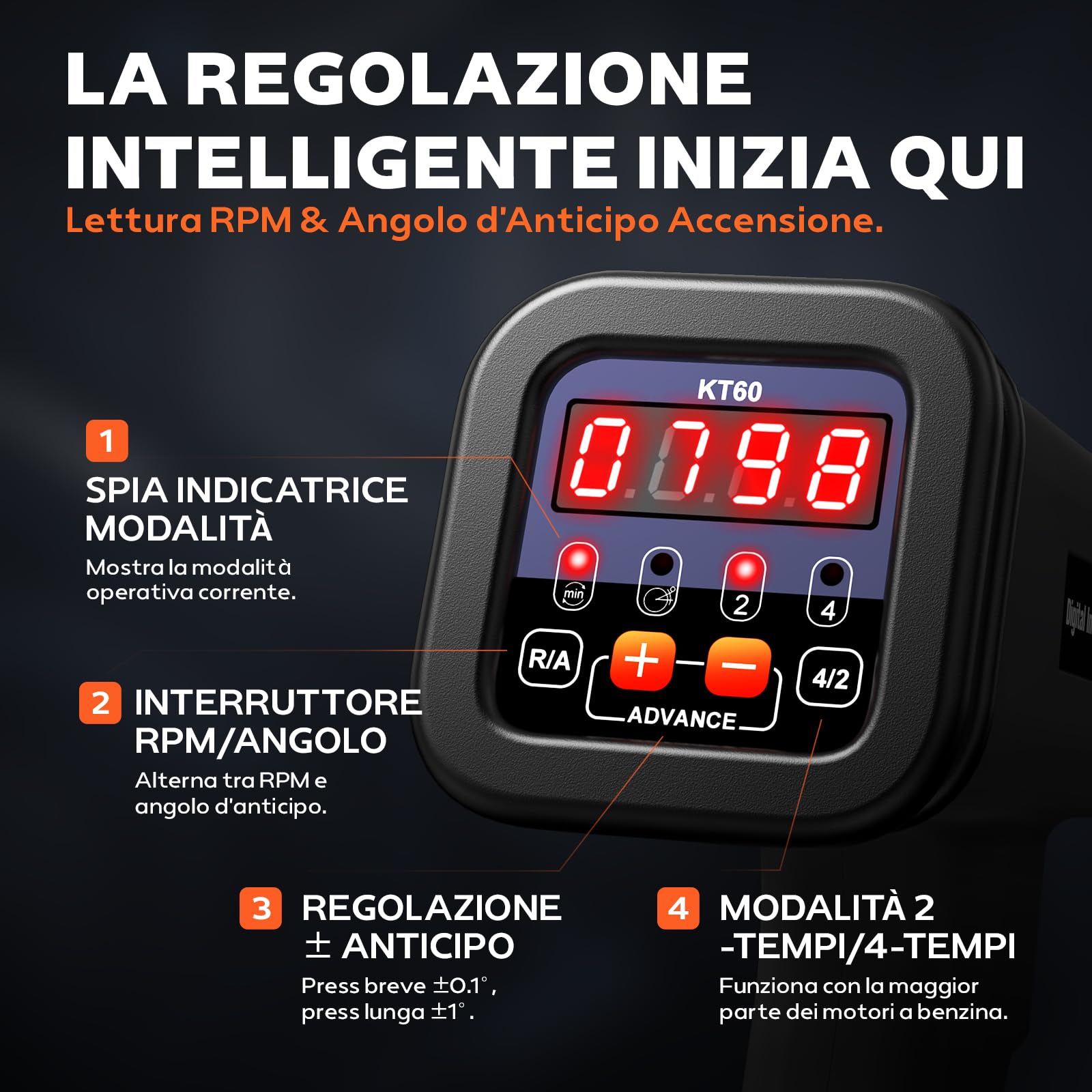 KZYEE KT60 Pistola Stroboscopica 2/4 tempi, Lampada Stroboscopica per Motori 9-16V, Lampada Stroboscopica auto con Display digitale a LED,Pistola d'accensione per auto nave a vapore moto Timing Light