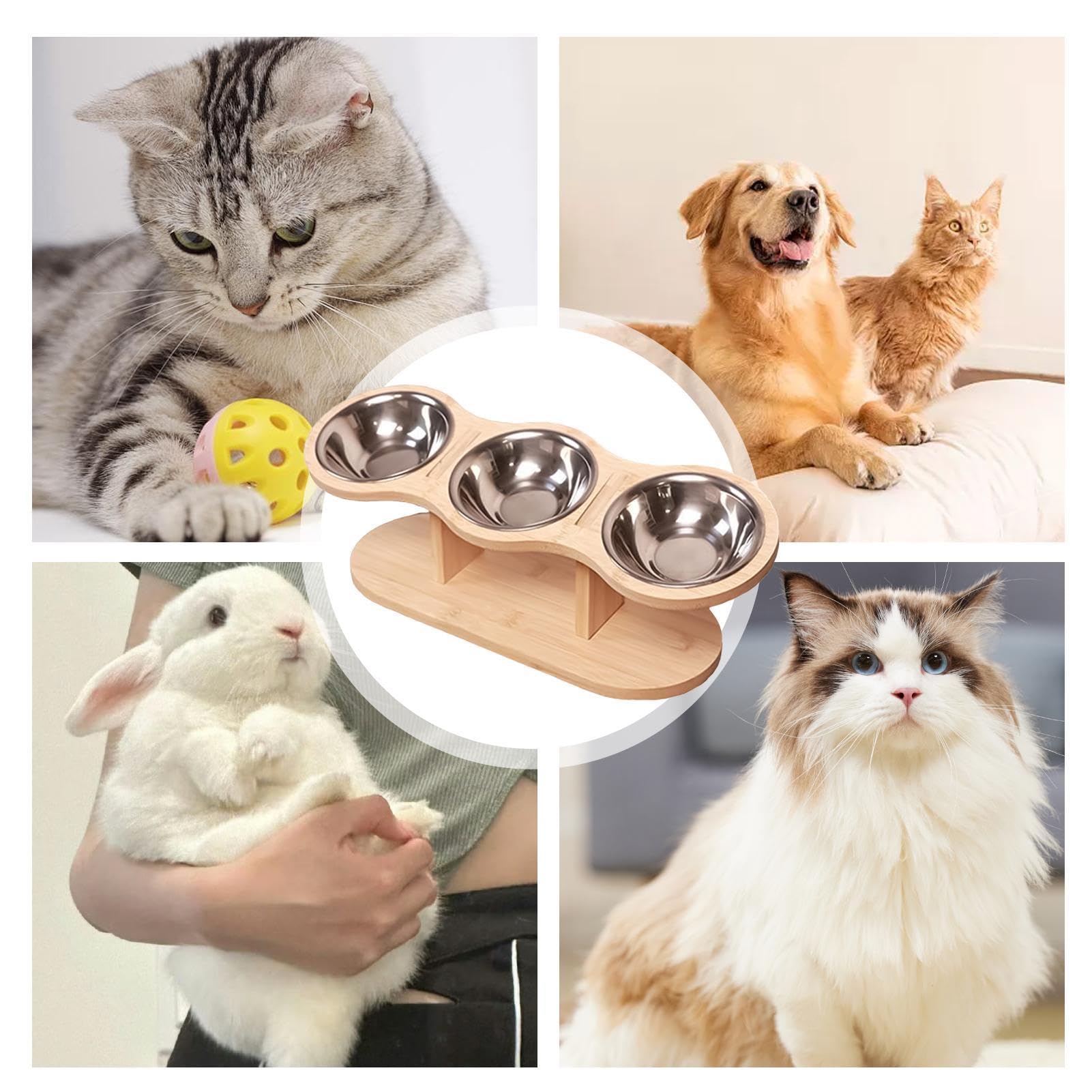 Comederos Elevados Para Gatos Con 3 Cuencos De Acero Inoxidable Soporte de | Estación Elevada Comida y Agua Montaje Fácil, Soporte De Madera
