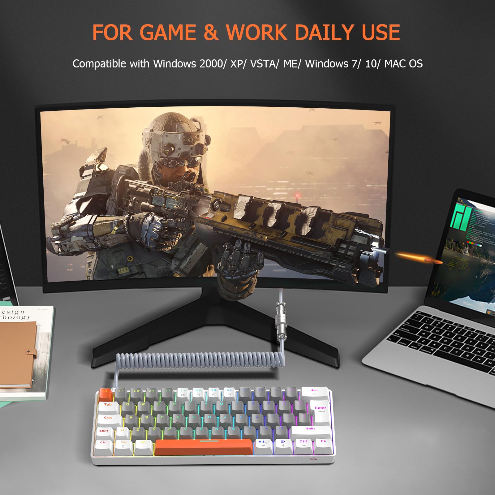 ZIYOU LANG T60 Clavier de Jeu Filaire avec Câble USB C Enroulé, QWERTY Mini 60% Compact 62 Key Anti-ghosting, 18 Rétroéclairage Arc-en-Ciel, Clavier Mécanique Linear Red Switch pour PC/Mac - Abeille