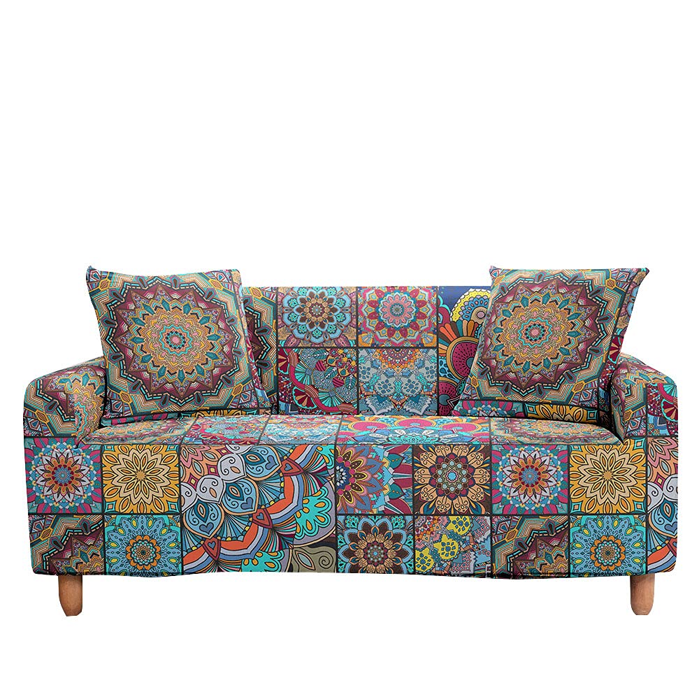 Surwin Sofa Slipcovers 1 2 3 4 Seater, 3D Mandala Printed Fabric Elastic Sofa Cover Universal Arm Stretch Sofa Covers Protector Couch Slipcover Furniture Protector (Morocco,2 Seater (145-185cm))