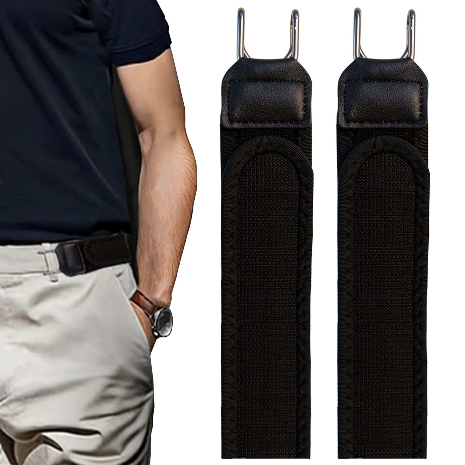FLYGRRIV Gürtel Ohne Schnalle, Elastischer Schnallenloser Gürtel Herren & Damen, Buckle Less Belt mit Metallhaken, Verstellbar mit Klettverschluss, Komfortabel & Einfach zu Bedienen (2 Stück-Schwarz)