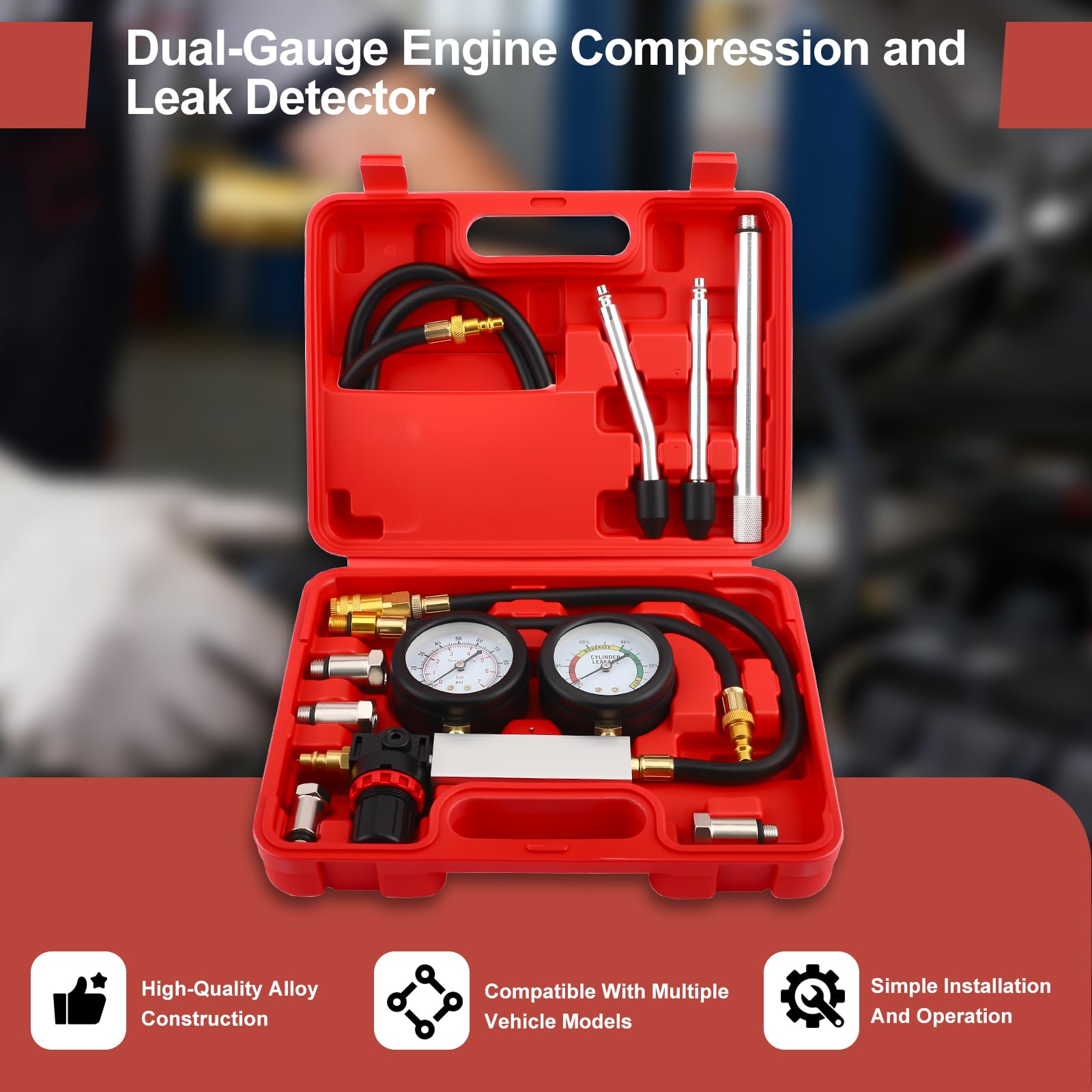 TU-21 Kit de Prueba de Fugas en Cilindros para Motor de Gasolina Probador de Compresión Automotriz con Dos Manómetros Juego de Detector de Fugas para Prueba de Presión y Tasa, 0-100PSI | 0-7Bar