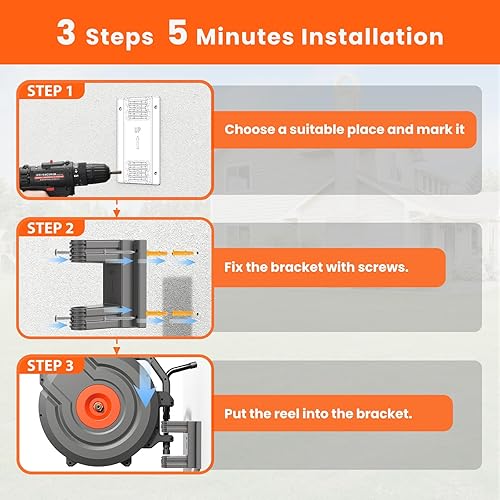 Miniatura 7 de Carrete de manguera de jardín retráctil mejorado de 12 pulgada x 100 pies, soporte de metal giratorio de 180, carrete de manguera de pared de