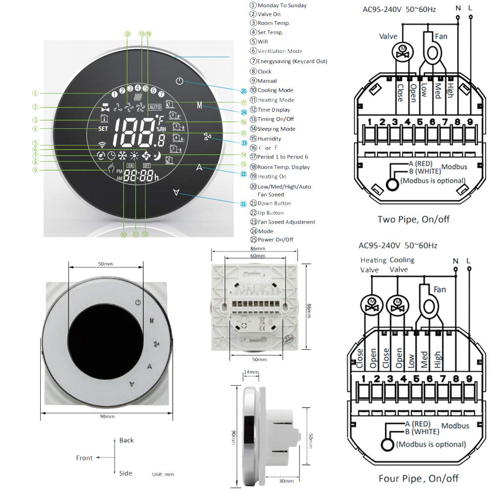 Serie 6000 Termostato Smart Wi-Fi Caldo/Freddo, Termostato Programmabile per Ventilconvettore a 2 Tubi Touch Screen Bianca