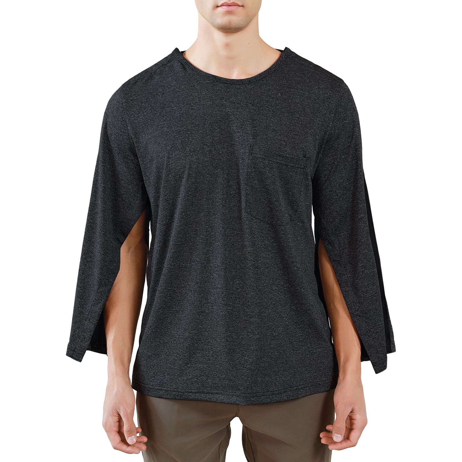 YOSINISO Post Shoulder Surgery Shirts Long Sleeve Chemo Shirts for Port Access Unisex Crewneck Tear Way Rehab Recovery T-Shirt with Right & Left Side Snaps Arm Open Dialysis Clothing