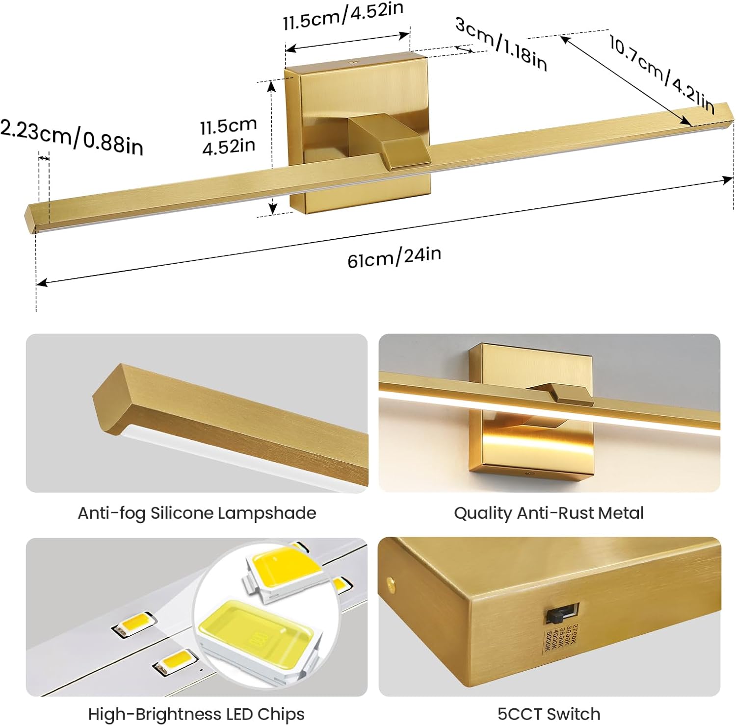 Gold LED Bathroom Vanity Light 24 Inch 18W Dimmable 5CCT Bathroom Lighting Fixtures Over Mirror Modern Brushed Gold Vanity Lights Bar for Bathroom Mirror Cabinets Bedroom