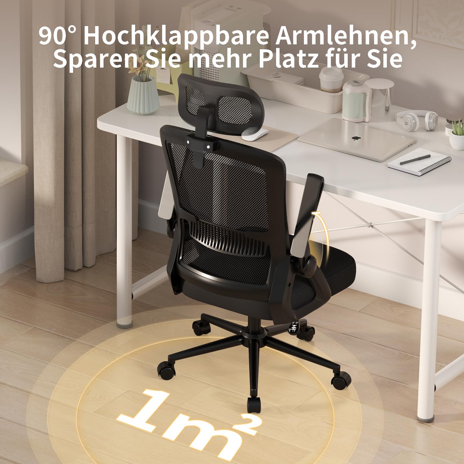 rattantree Schreibtischstuhl Ergonomischer Schwarz für Zuhause Büro | Bürostuhl mit Verstellbaren Kopfstütze Armlehnen, Drehstuhl mit Netzbespannung, Lordosenstütze, Höhenverstellbarer