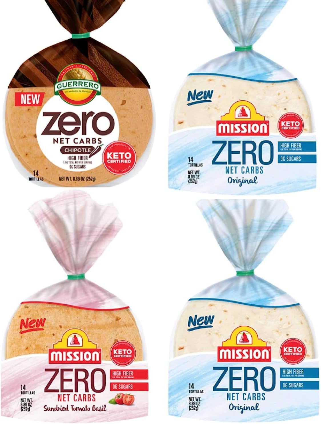 Mission Guerrero Zero Carb 0g Net Carbs - Keto Certified - 4.5" Street Taco - 14 Count, 8.89 oz. - Keto Friendly Low Carb Tortillas Variety Pack - 4 Packs