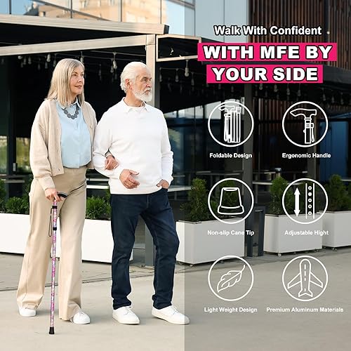 Miniatura 2 de MFE Bastón plegable, portátil de 5 niveles de altura ajustable con diseño plegable, correa de muñeca y mango en T para hombres y mujeres