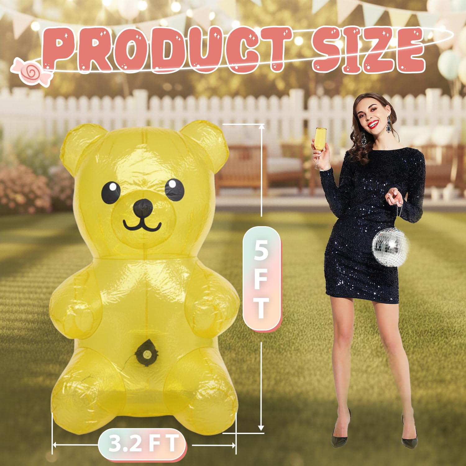 Nadmuchiwane dekoracje na imprezę Candyland – przezroczysty nadmuchiwany gumowy niedźwiedź, dekoracje z cukierków, dekoracje imprezowe na urodziny i święta, żółty
