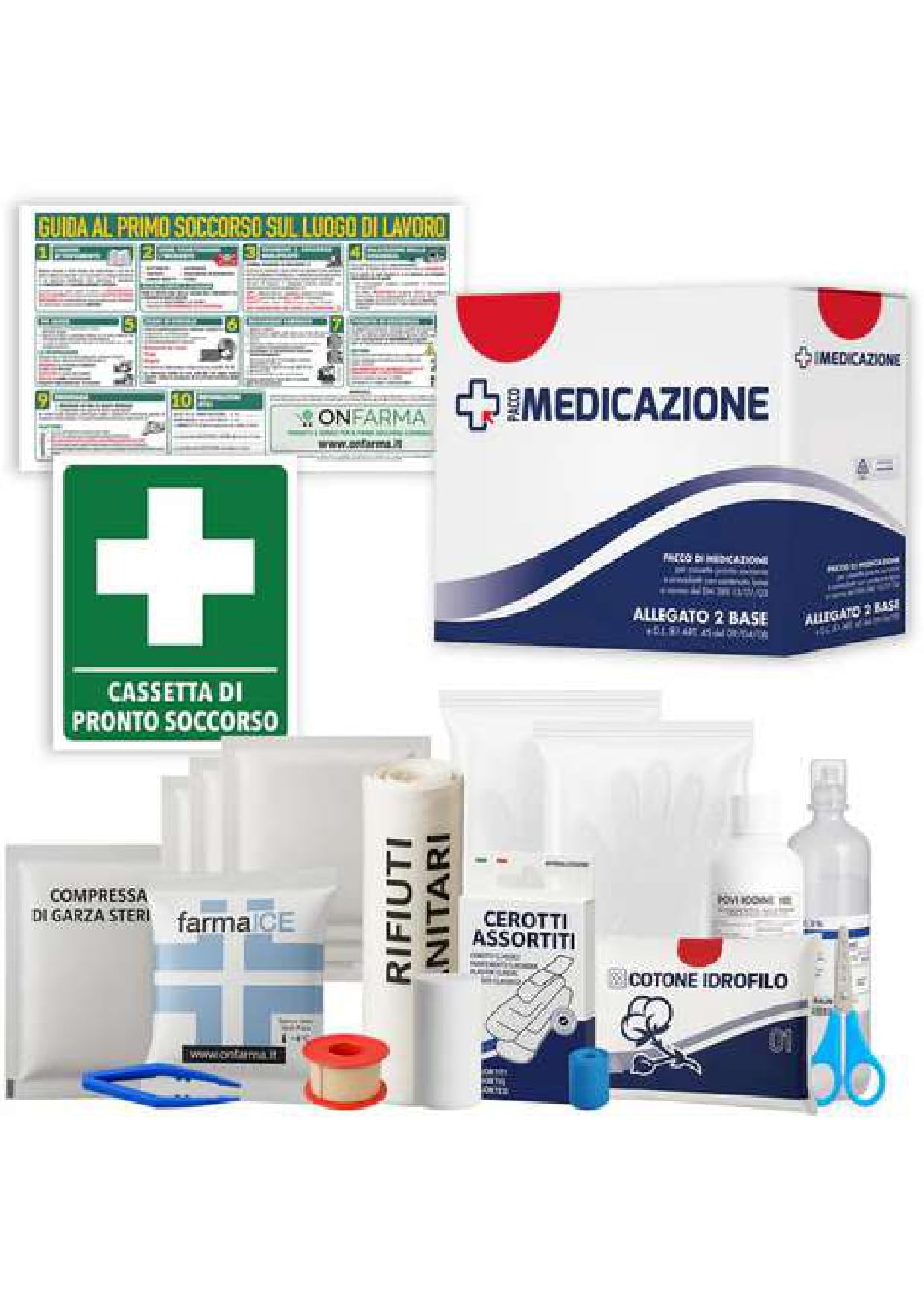 ONFARMA KIT REINTEGRO pronto soccorso pacchetto di medicazione COMPLETO DI CARTELLO PRIMO SOCCORSO conforme DM 388 allegato 2 per aziende fino a 2 lavoratori e mezzi aziendali