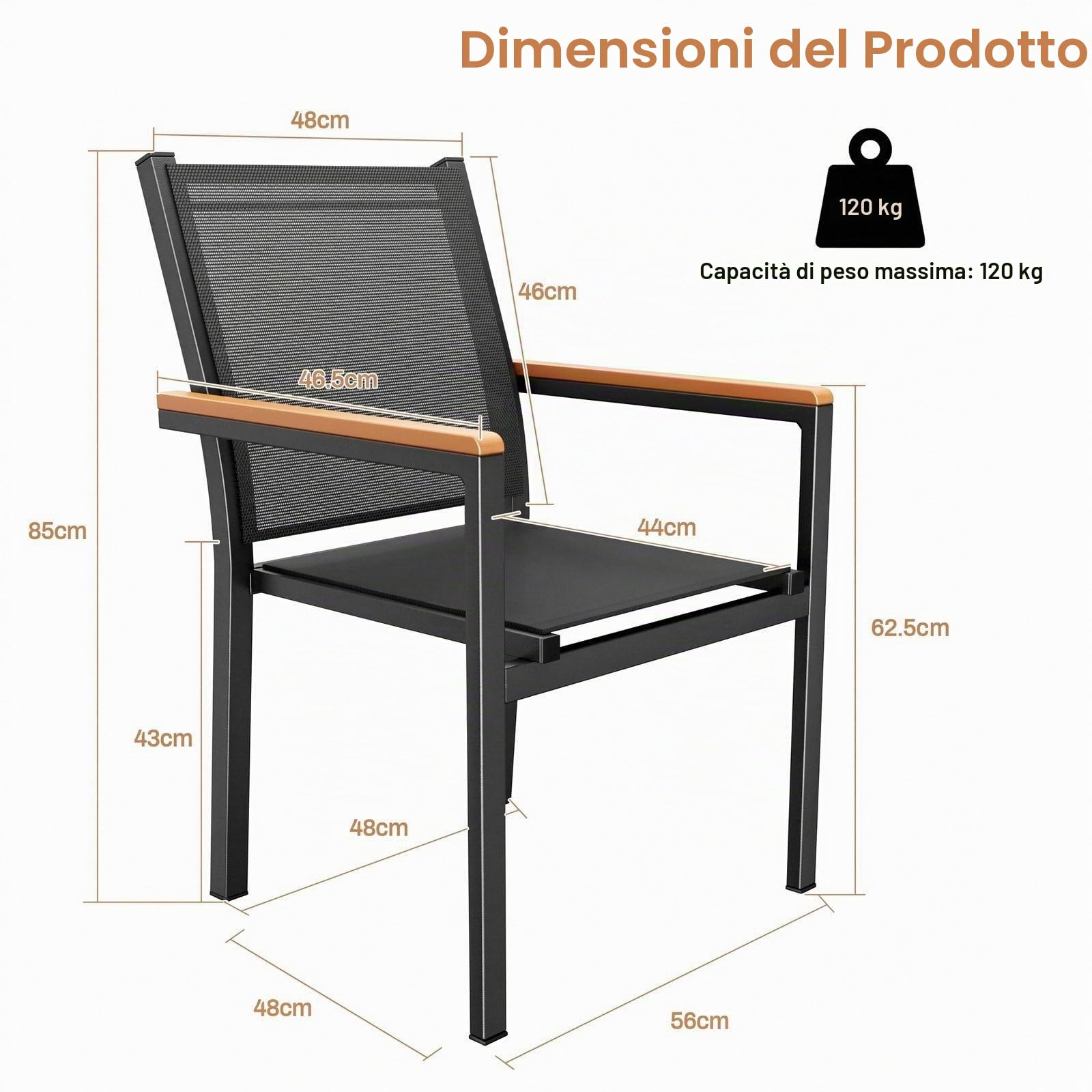 LIFERUN Sedie Da Giardino set da 4, Sedia impilabile per sala da pranzo in alluminio, Corrimano in WPC, Sedie Da Esterno Per Esterni, per terrazza, balcone, terrazza, piscina, ristorante, Nero