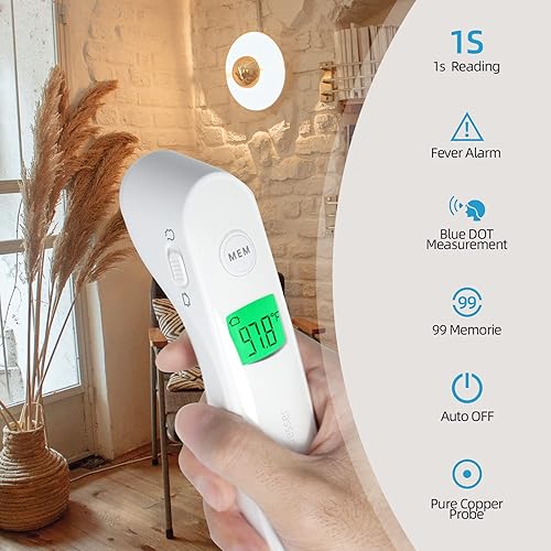 Miniatura 5 de Termómetro infrarrojo para la frente sin contacto para adultos y bebés, termómetro digital con alarma de fiebre y función de memoria, color blanco