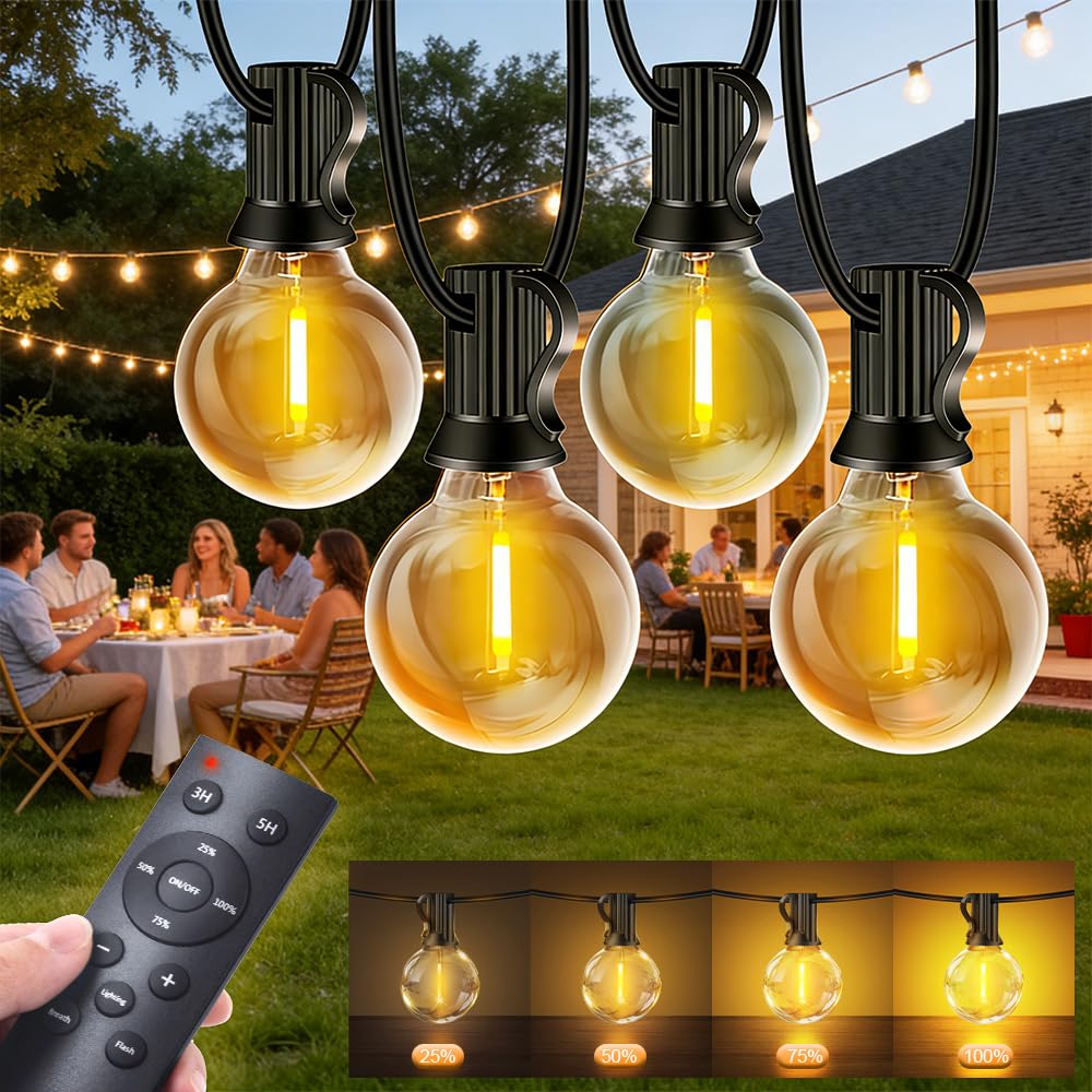 PBGMRT Outdoor String Lights Mains Powered, Garden Festoon Light Dimmable Shatterproof G40 Led Bulbs with Remote Control, IP44 Waterproof Outside 3 Modes & 2 Timer Settings for Pergola (150FT/45M)